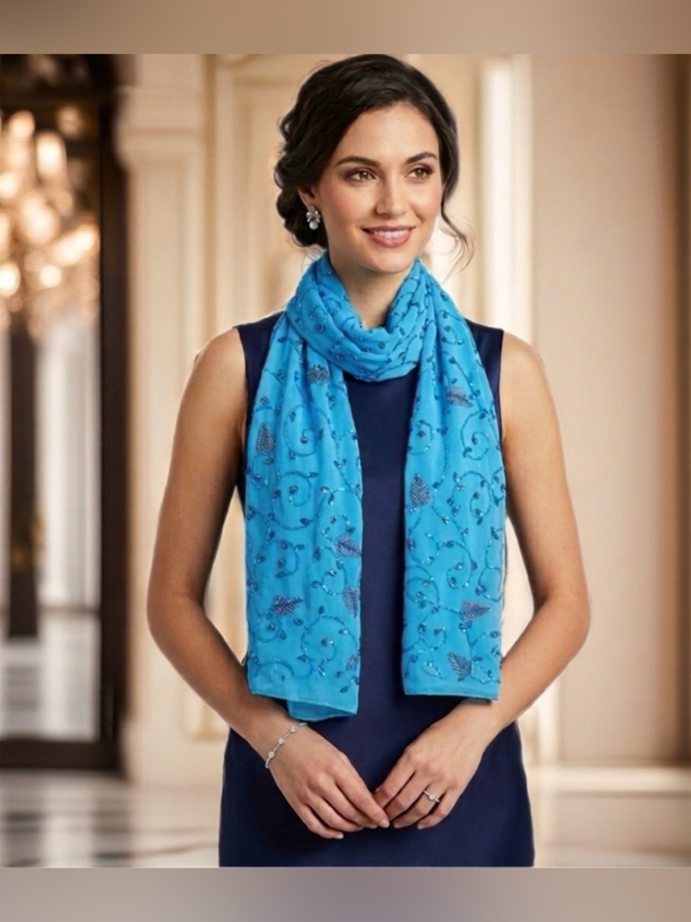 Beautiful Hand Beaded Blue Scarf Spring Summer Church Wedding